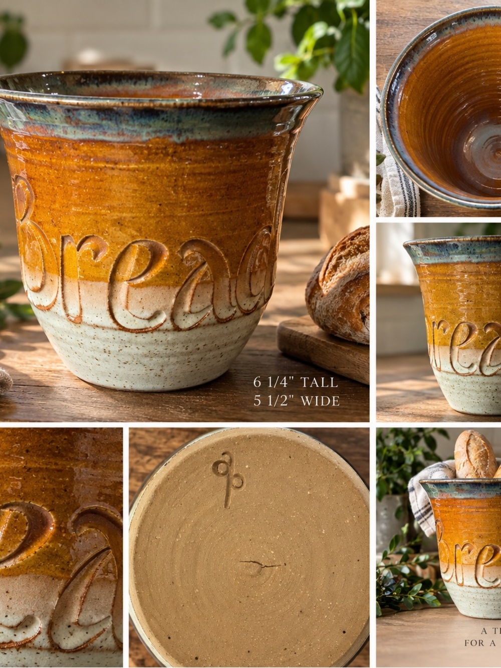 Handmade Ceramic Bread Crock - Amber and Cream